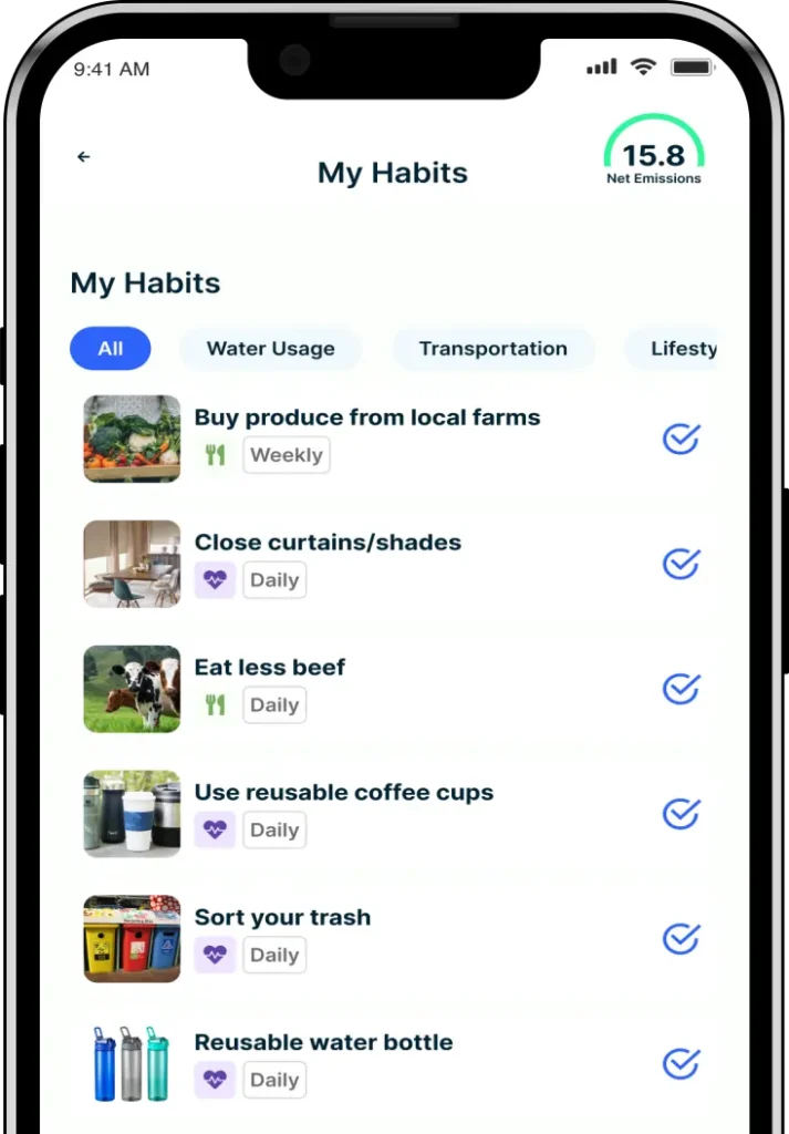 Zero Me My Habits screen with habits including "Buy produce from local farms", "Close curtains/shades", and "Eat less beef".